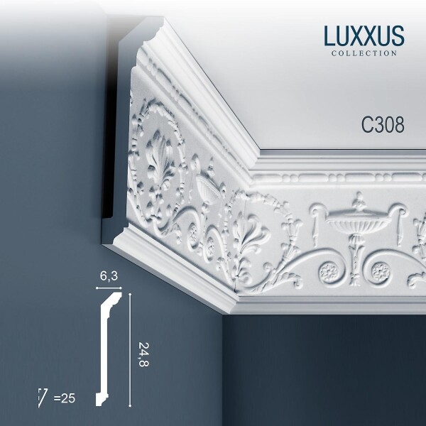 C308 Orac Decor Luxxus широкий карниз потолочный плинтус из полиуретана под покраску 248*63*2000 мм