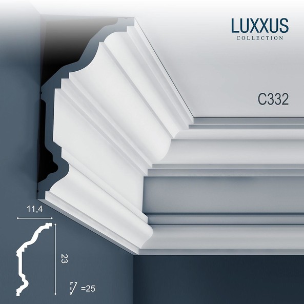 C332 Orac Decor Luxxus широкий карниз потолочный плинтус из полиуретана под покраску 230*114*2000 мм